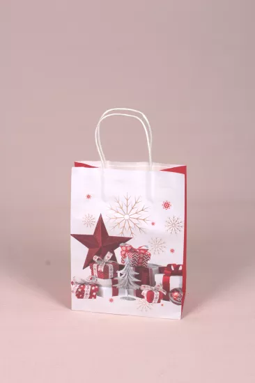 Noel Burgu Saplı Beyaz Kraft Çanta 12’lik Paket