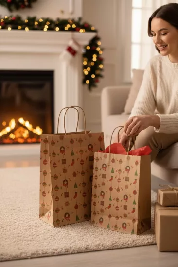 Noel Burgu Saplı Kraft Çanta 12’lik Paket