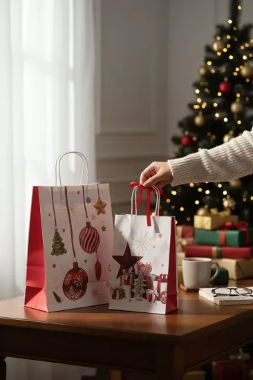 Noel Burgu Saplı Beyaz Kraft Çanta 12’lik Paket